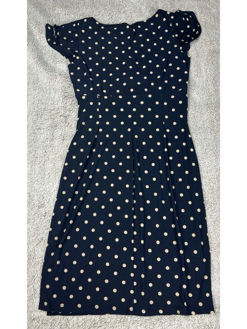 Lauren Ralph Faux Wrap Dress Size 8 Navy Blue & Tan Polka Dot Flutter Sleeves - Picture 9 of 11